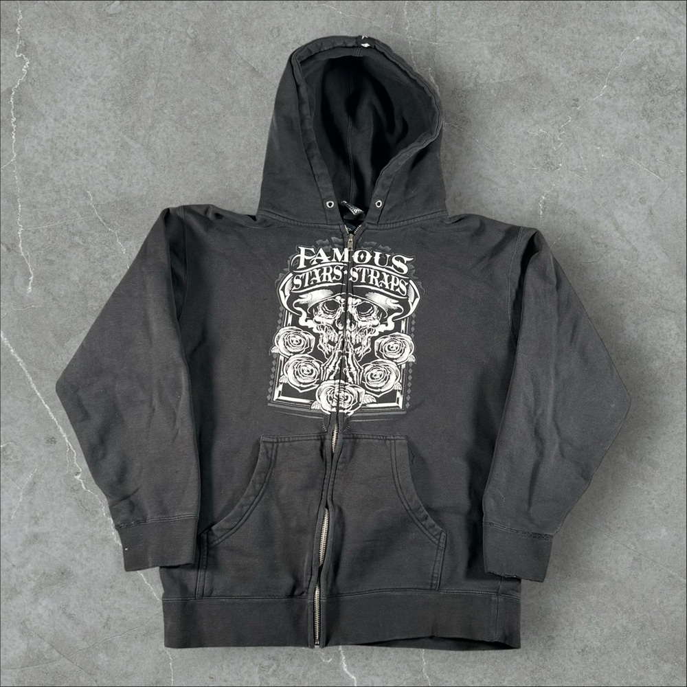 Famous Stars and Straps Hoodie Mens Medium Black Y2K Grunge Zip Up Skull Skater‎